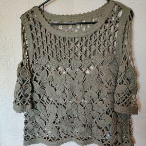 Chico's Olive Green Crochet Lace Floral Leaf Applique Pullover Top